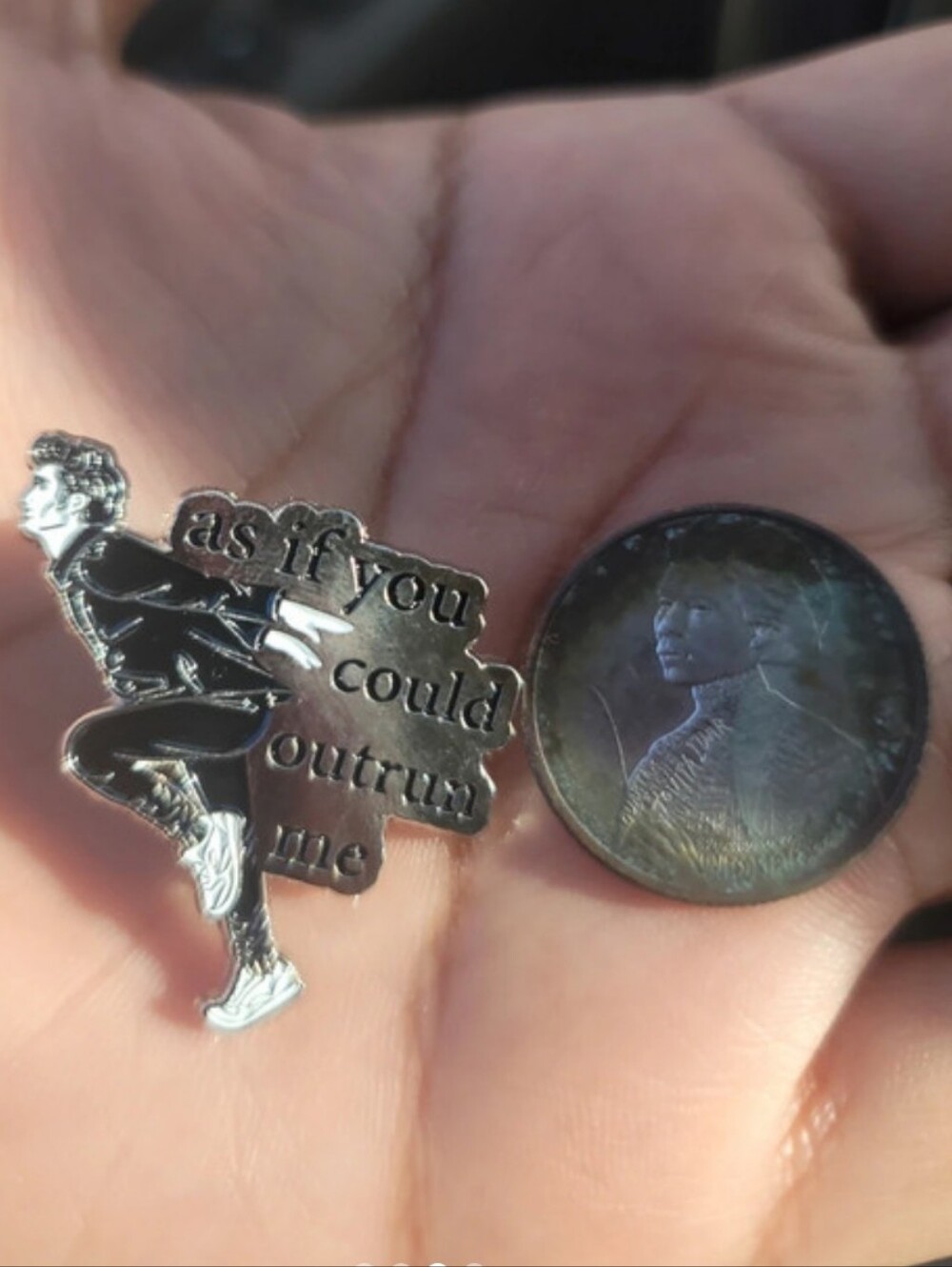 Silver Tone Runner Enamel Lapel Pin - 'as if you could outrun me' Twilight